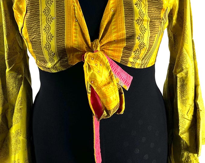 Joy Bell Sleeve Crop Top; Silky Sari Summer Wrap Top UK-M/L (SKU:571-10289)