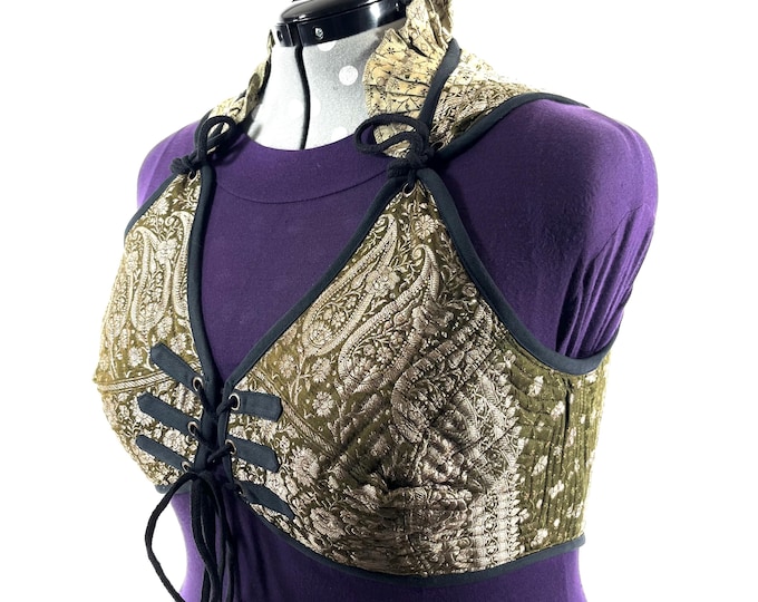 Fae Corset Top - Gold & Black Bra Top - Vintage Silk Brocade  (UK-6XL SKU:3039-9804)