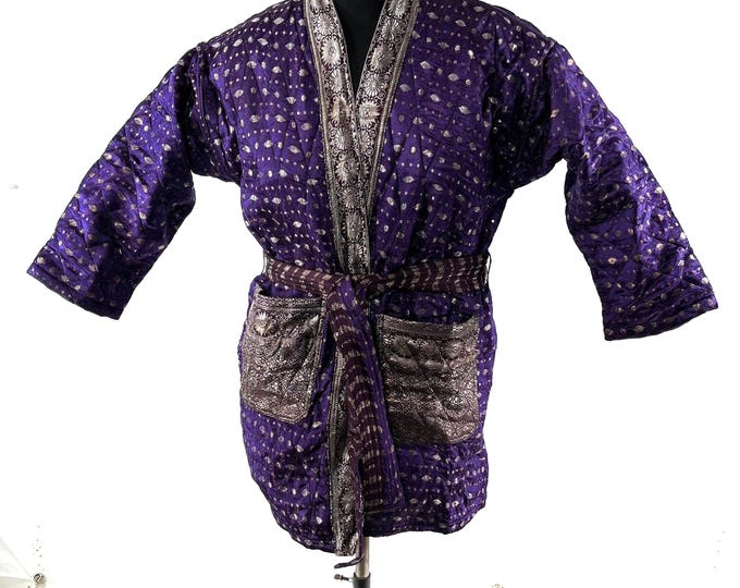 L Size Quilted Silk Kimono Robe; Vintage Brocade, Loose Fit Haori Jacket (SKU:757-7021)