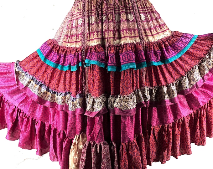 Jazmyn XL 25 Yard Skirt handmade in Vintage Summer Silk, Maxi Plus Size; (30"-60" Waist) a Boho Cottagecore skirt  SKU:737-9117