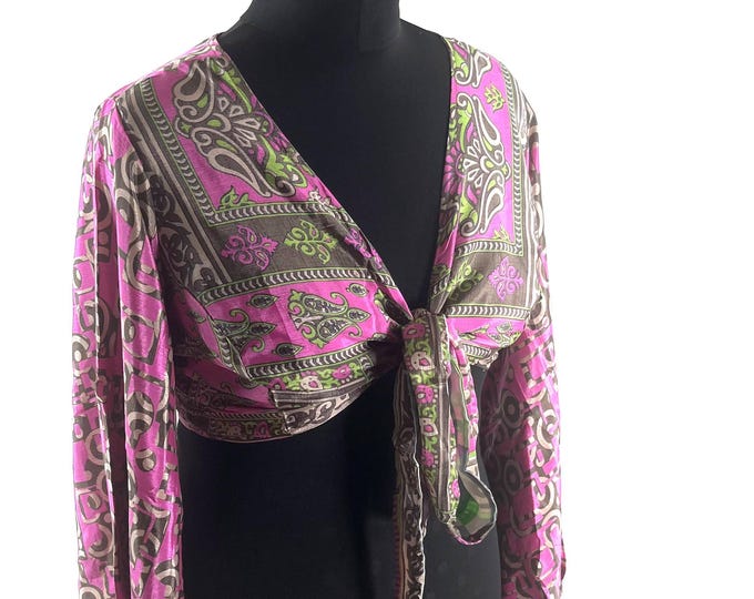 Joy Bell Sleeve Crop Top, Sari Summer Wrap, Handmade Silky, Light Hippy Style UK-2XL (SKU:573-10348)