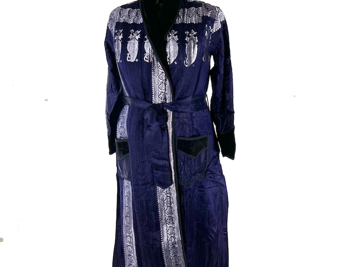 Long Silk Brocade Coat; Velvet Collar, blue silver jacket (SKU:3081-8532)