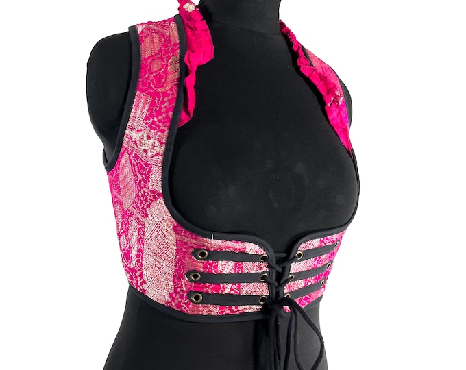 Underbust Corset Top; Ivy XL Pink & Gold steampunk vest handmade in Vintage Silk Brocade (SKU:2174-10134)
