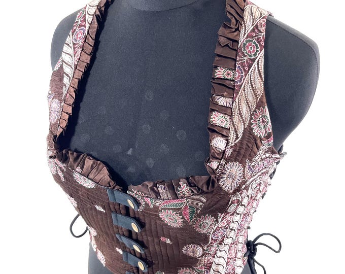 2XL. Mia Waistcoat; Boho Top - Brown & Silver - Vintage Silk Brocade  (SKU:2145-9705)