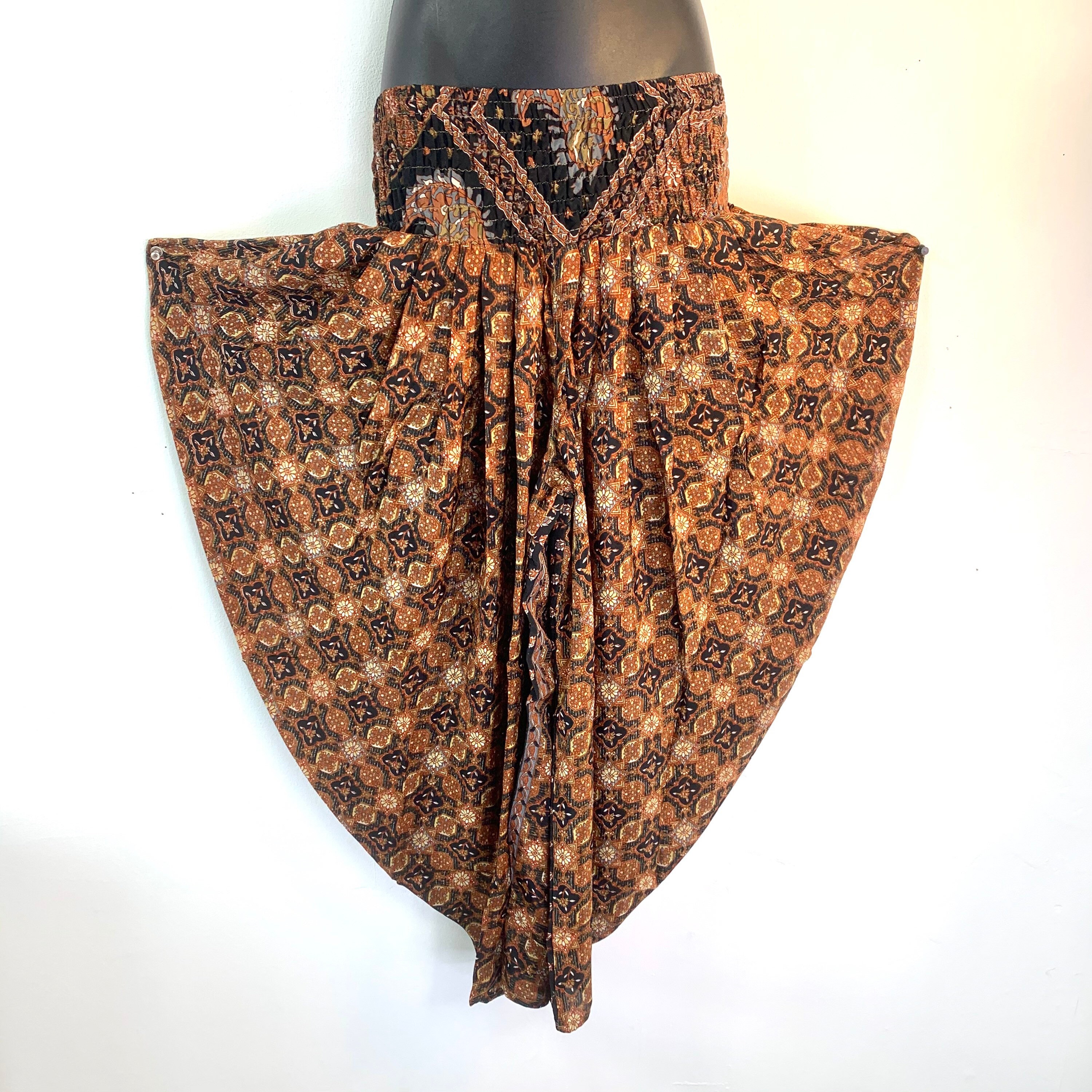 Image of Waterfall Harem Eco Trousers, Silk, Adult O/S Copper, Bronze & Beige, Yoga, Casual Pants, Elasticated, Loose, Comfortable, Elegant