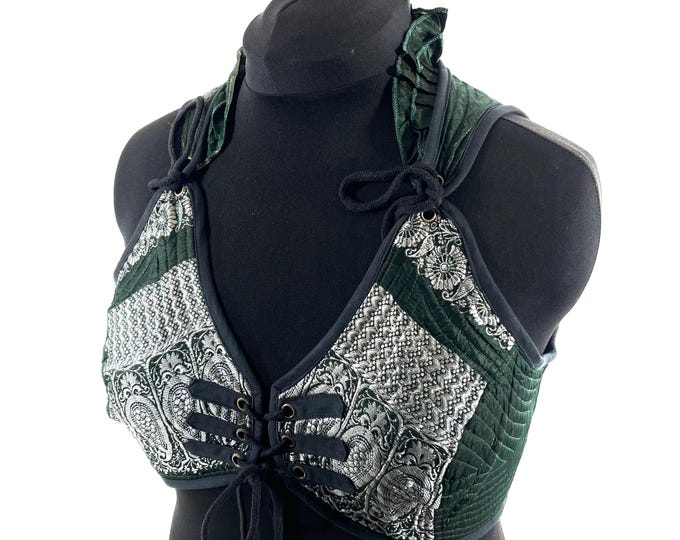 3XL. Fae Corset Top - Green & Silver Bra Top - Vintage Silk Brocade  (SKU:3036-9796)