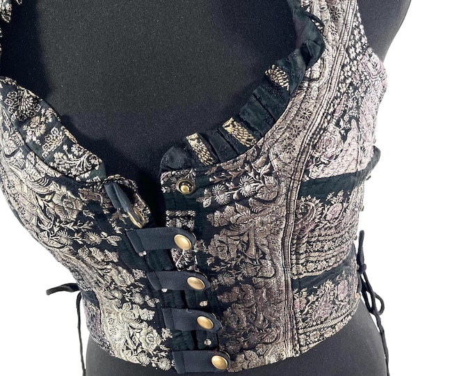 L. Mia Waistcoat; Boho Top - Black & Silver - Vintage Silk Brocade  (SKU:2143-9680)