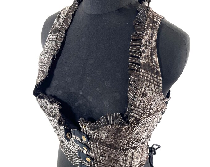 2XL. Mia Waistcoat; Boho Top - Black & Silver - Vintage Silk Brocade  (SKU:2145-9709)