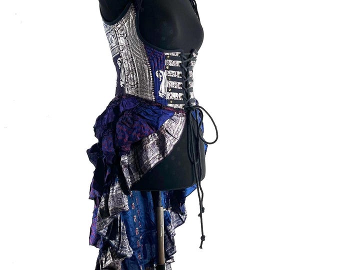 XL Elisa Bustier Dress; Steampunk Under-bust Long Body Corset in Silk Brocade, (SKU:2004-10240)