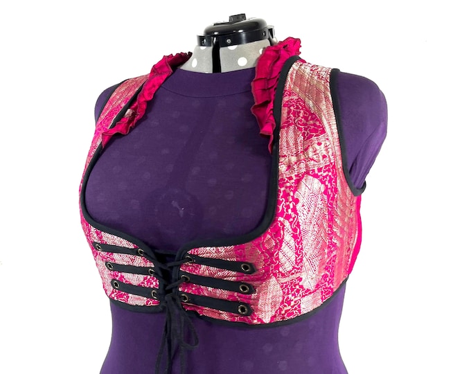 Underbust Corset Top; Ivy 6XL pink & gold steampunk vest handmade in Vintage Silk Brocade (SKU:2179-10188)
