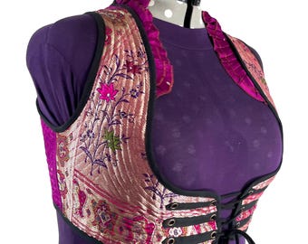Underbust Corset Top; Ivy 6XL purple & silver steampunk vest handmade in Vintage Silk Brocade (SKU:2179-10183)