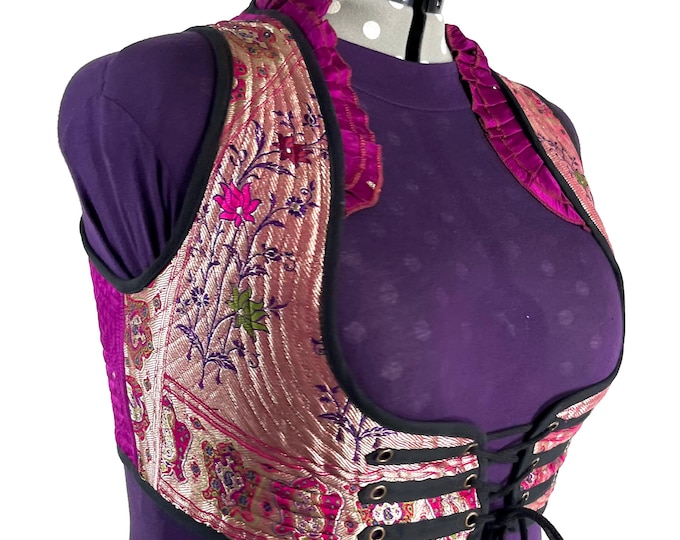 Underbust Corset Top; Ivy 6XL purple & silver steampunk vest handmade in Vintage Silk Brocade (SKU:2179-10183)