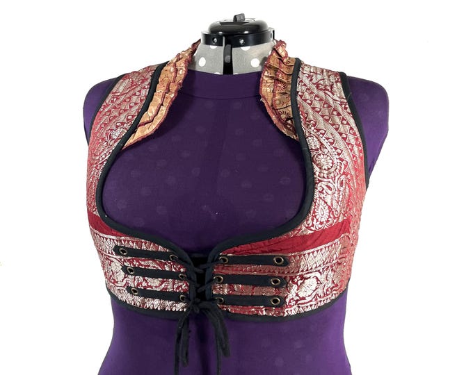 Underbust Corset Top; Ivy 6XL gold & red steampunk vest handmade in Vintage Silk Brocade (SKU:2179-10186)