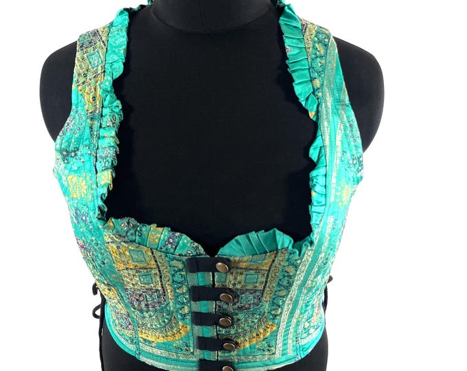 3XL. Mia Waistcoat; Boho Top - Green & Yellow - Vintage Silk Brocade  (SKU:2146-9722)