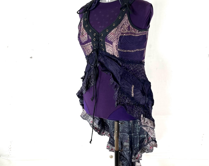 3XL. Sophia Corset Dress with Hi-Low tiered skirt, handmade from Vintage Silk Brocade. Renaissance Festival Steampunk SKU:2000-8595