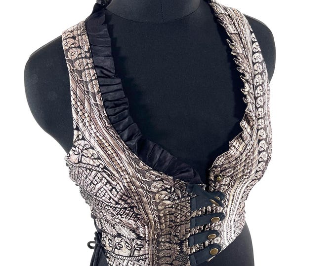 M. Mia Waistcoat; Boho Top - Silver on Black - Vintage Silk Brocade  (SKU:2142-9670)