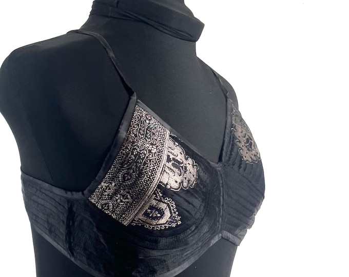 M Gia Cross Strap Bra Top, Handmade in Vintage Silk Brocade (SKU:2162-10040)