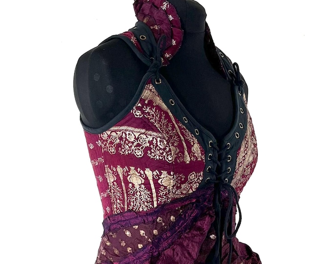 L. Sophia Corset Dress with a Hi-Low tiered skirt in Vintage Silk Brocade. Steampunk, Ren Faire, Festival  SKU:2000-8607