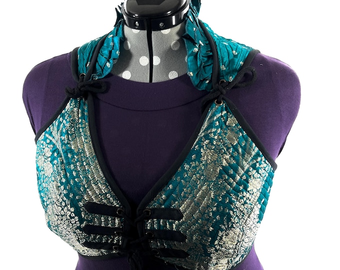 6XL. Fae Corset Top - Blue & Silver Bra Top - Vintage Silk Brocade  (SKU:3039-9807)