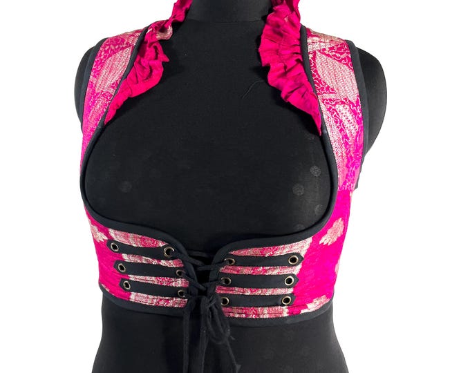 Underbust Corset Top; Ivy 3XL pink & gold steampunk vest handmade in Vintage Silk Brocade (SKU:2176-10152)