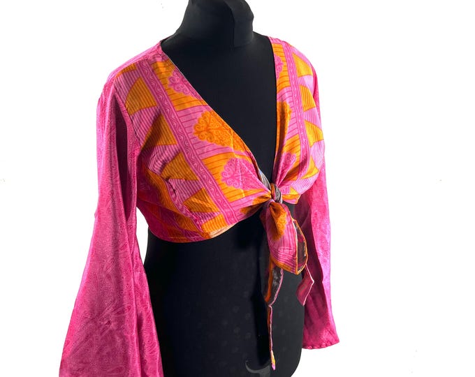 Joy Bell Sleeve Crop Top, Sari Summer Wrap, Handmade Silky, Light Hippy Style UK-2XL (SKU:573-10352)