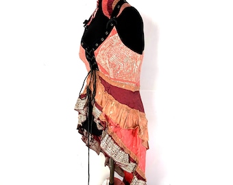 XL Sophia Corset Dress - Steampunk Hi-Low tiered skirt - Silk brocade