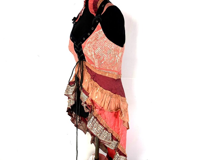 XL. Sophia Corset Dress - Steampunk Hi-Low tiered skirt - Silk brocade