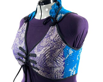 6XL. Fae Corset Top - Purple Blue  & Silver Bra Top - Vintage Silk Brocade  (SKU:3038-9815)