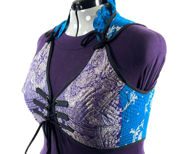 6XL. Fae Corset Top - Purple Blue  & Silver Bra Top - Vintage Silk Brocade  (SKU:3039-9815)