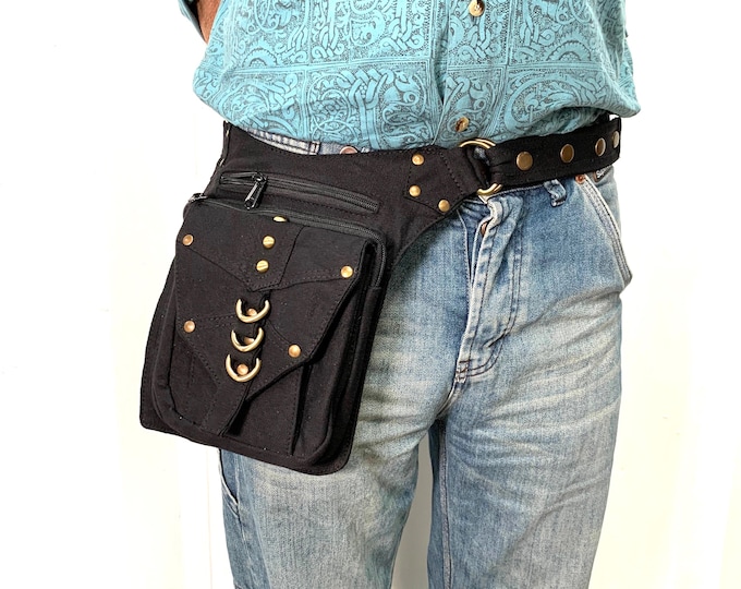 Black Cotton Money belt, Hip-bag, Fanny pack, Bum bag, with 3 zipped pockets + 2 mag clip pockets.