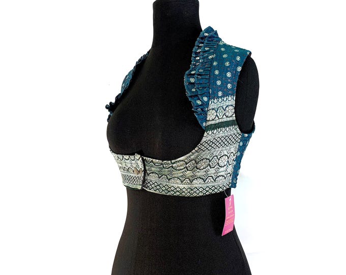 Underbust Corset Top Rose UK-M; Vintage Silk Brocade Handmade (SKU:442-2893)