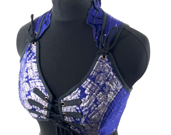 L. Fae Corset Top - Blue & Silver Bra Top - Vintage Silk Brocade  (SKU:3033-9762)