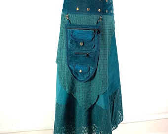 Sea Blue Steampunk Corduroy long wrap Skirt with lace and a detachable Purse.