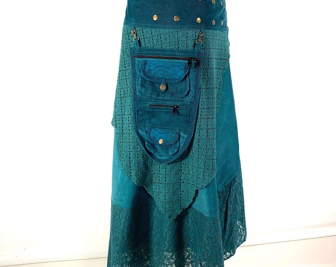 Sea Blue Steampunk Corduroy long wrap Skirt with lace and a detachable Purse.