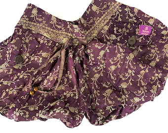 S/M. Goddess Pocket Shorts, Lined Hot Pants Plum & Gold Shorts. SKU:1060-6533