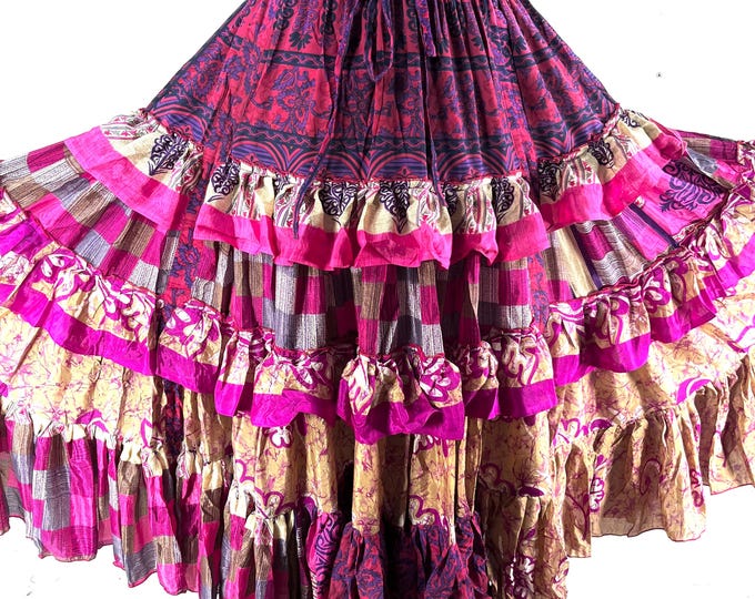 Jazmyn XL 25 Yard Skirt handmade in Vintage Summer Silk, Maxi Plus Size; (30"-60" Waist) a Boho Cottagecore skirt  SKU:737-8980