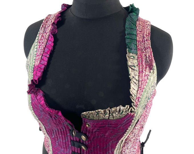 3XL. Mia Waistcoat; Boho Top - Pink & Silver - Vintage Silk Brocade  (SKU:2146-9714)