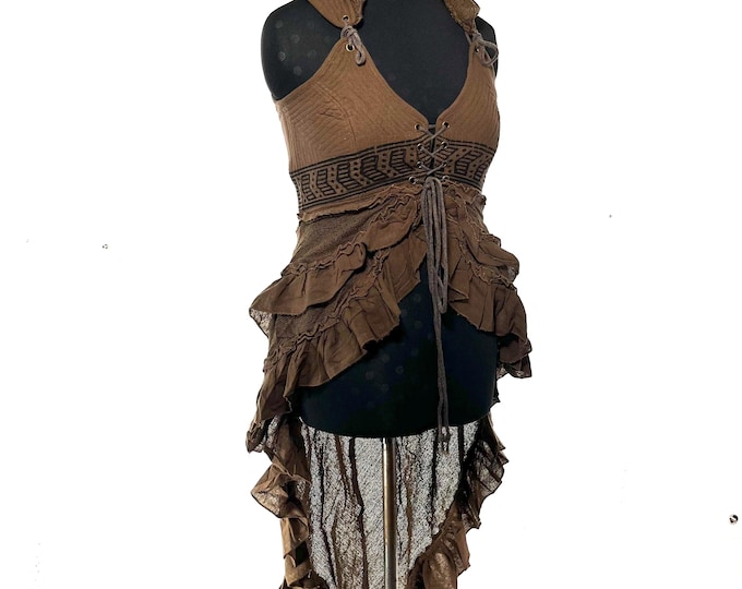 Bardot Boho Corset Dress in Beige Brown.