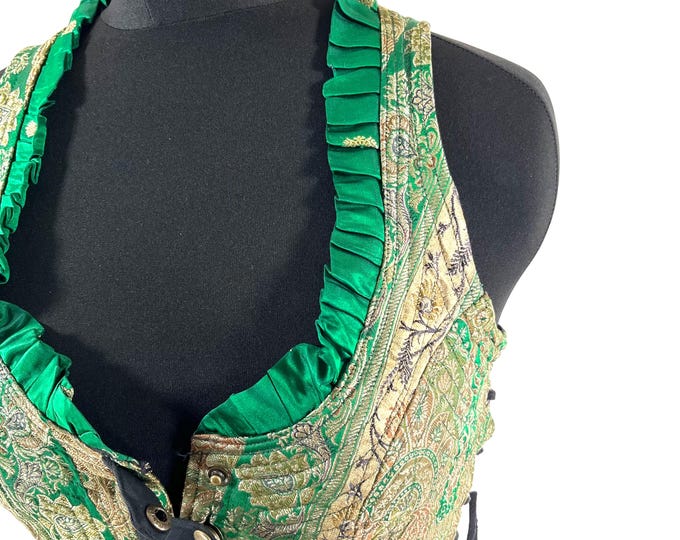 L. Mia Waistcoat; Boho Top - Green & Gold - Vintage Silk Brocade  (SKU:2143-9689)