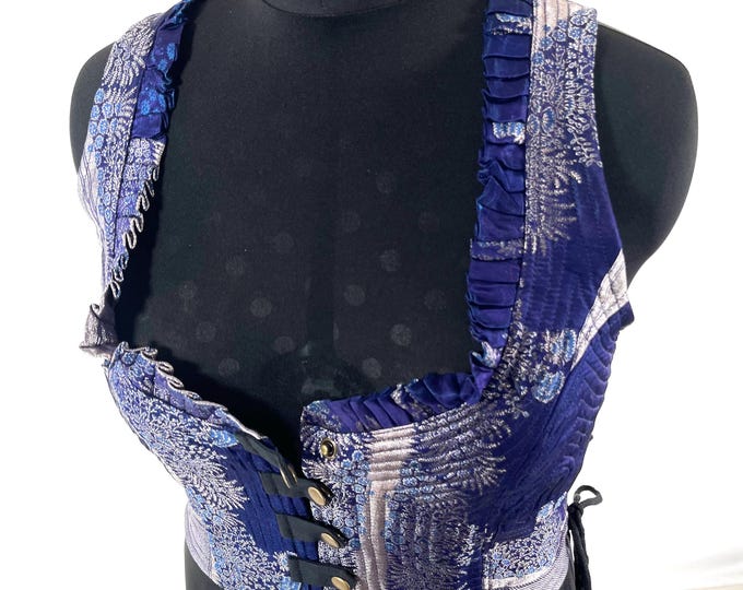 3XL. Mia Waistcoat; Boho Top - Blue & Silver - Vintage Silk Brocade  (SKU:2146-9715)