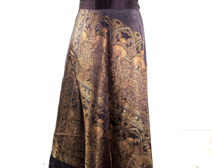Pahala Maxi Wrap Skirt. Upcycled Vintage Heavy Silk Brocade Sari. One Layer A-Line Wrap Skirt SKU:2032-10489