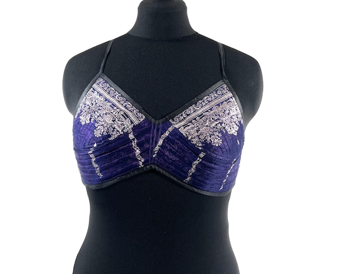 L Gia Cross Strap Bra Top, Handmade in Vintage Silk Brocade (SKU:2163-10025)