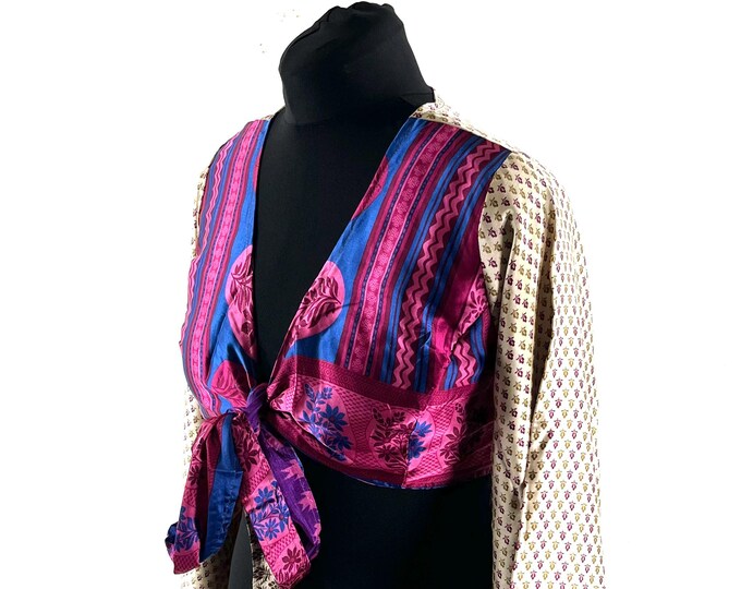 Joy Bell Sleeve Crop Top; Silky Sari Summer Wrap Top UK-M/L (SKU:571-10287)