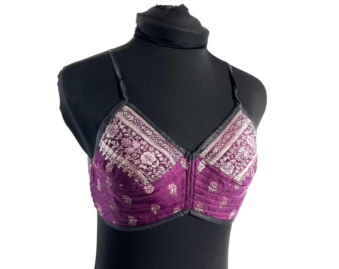 XS Gia Cross Strap Bra Top, Handmade in Vintage Silk Brocade (SKU:2160-10081)