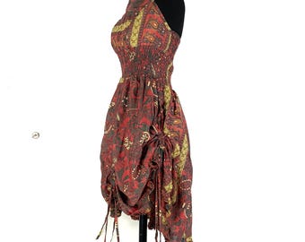Sadie Silk Pixie Dress a One Size Goddess Dress, Hippie Boho Summer Halter Dress with a ruched skirt. SKU:1031-5517