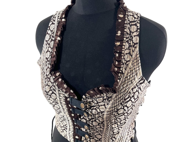 L. Mia Waistcoat; Boho Top - Silver & Brown - Vintage Silk Brocade  (SKU:2143-9687)