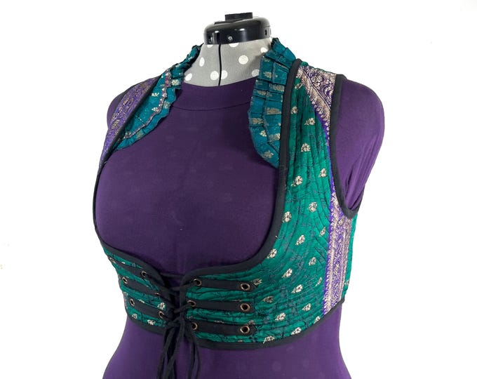 Underbust Corset Top; Ivy 4XL green & purple steampunk vest handmade in Vintage Silk Brocade (SKU:2177-10164)