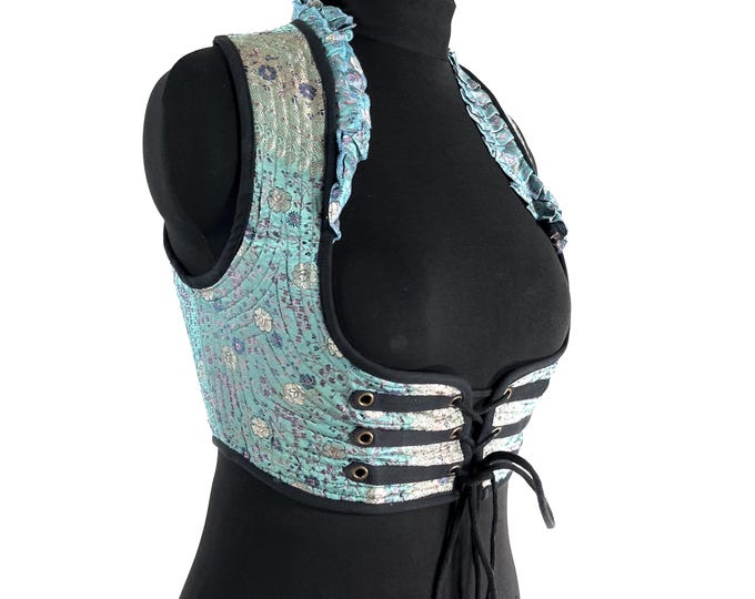 Underbust Corset Top; Ivy XL Blue & Silver steampunk vest handmade in Vintage Silk Brocade (SKU:2174-10131)