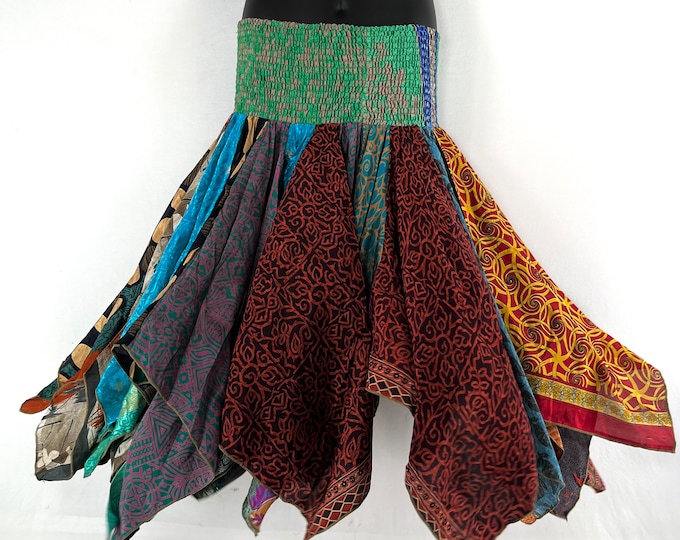 XL. Billie Long Handkerchief Skirt in One Size elasticated waist, crafted from eco-friendly vintage Silk Sari pieces  SKU:750-7037