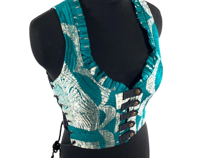 M. Mia Waistcoat; Boho Top - Turquoise & Silver - Vintage Silk Brocade  (SKU:2142-9669)